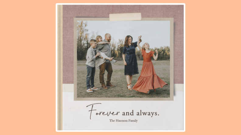 A family is depicted on the cover of the Everyday Neutrals Photo Book by Shutterfly.