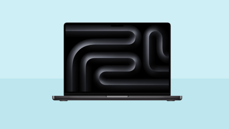 A MacBook Pro 16 M4 Max sits on a dual tone blue background