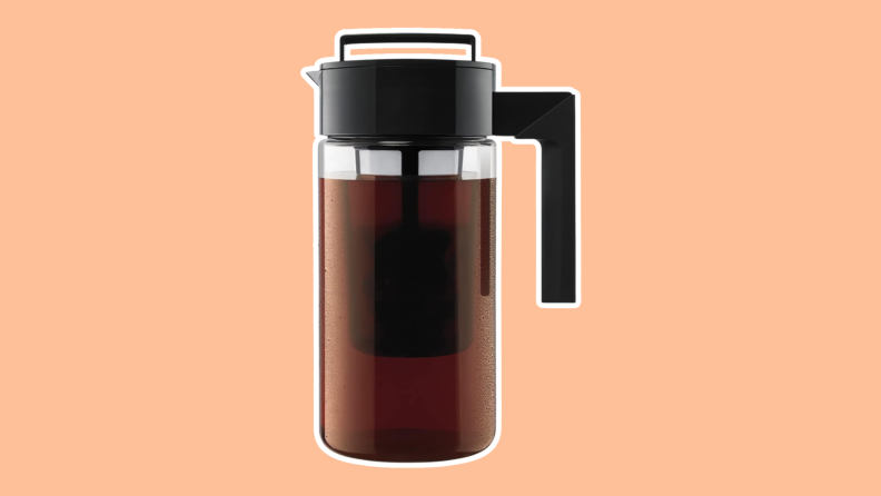 Product shot of the 1-quart Takeya Cold Brew Maker filled with coffee.
