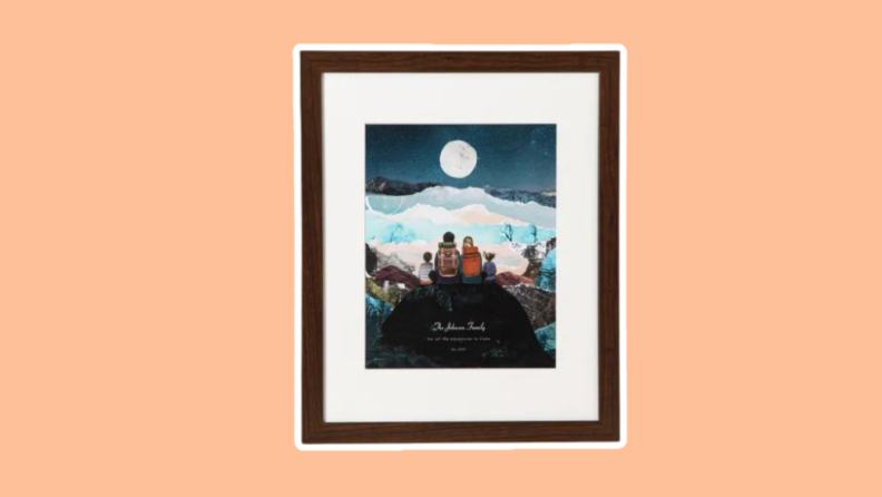 A customizable collage print depicts four family members in a wooden frame.